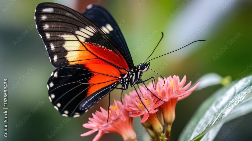 Fototapeta premium Close-up of a beautiful red and black butterfly on a pink flower in a garden
