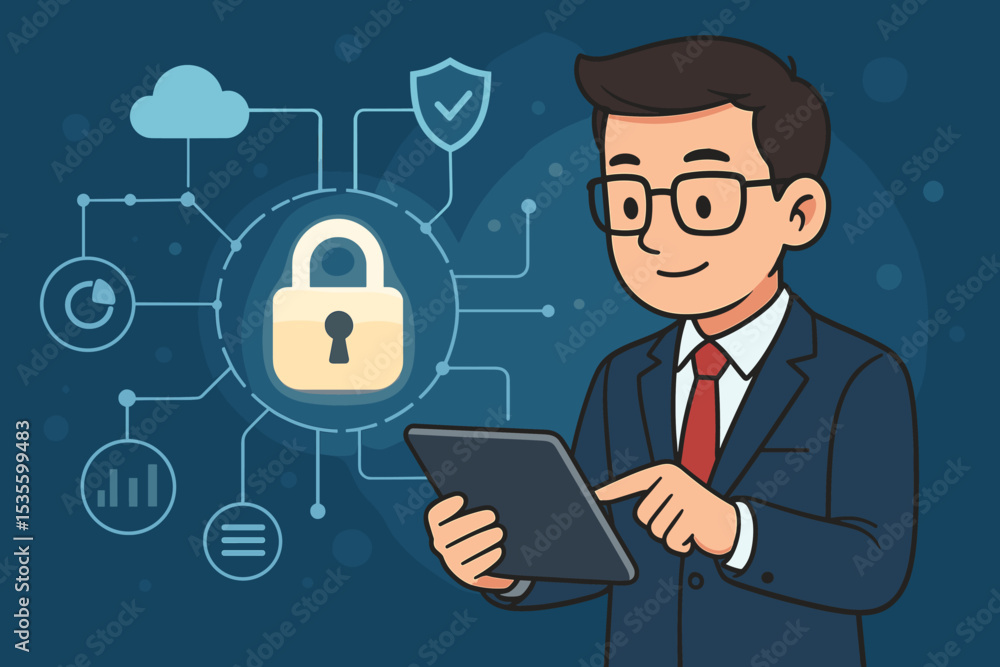Businessman using tablet with cybersecurity protection concept, digital data security illustration, secure cloud network, online privacy, internet safety, cyber defense technology Businessman using tablet with cybersecurity protection concept, digital data security illustration, secure cloud network, online privacy, internet safety, cyber defense technology