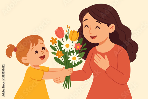 Cute daughter giving flowers to happy mother on Mother's Day. Vector illustration of child surprising mom with a beautiful bouquet. Family love, celebration, and gratitude concept.
