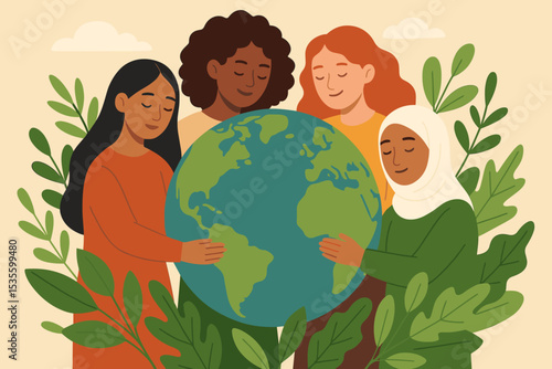 Multicultural group of diverse women hugging planet Earth. Concept of unity, love, and care for the environment. Earth Day vector illustration for sustainability and conservation.