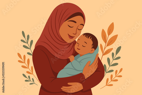 Muslim mother in a hijab lovingly holds her newborn baby. A tender embrace symbolizing motherhood, maternity, and family love. Gentle, modern flat vector illustration for Mother's Day.