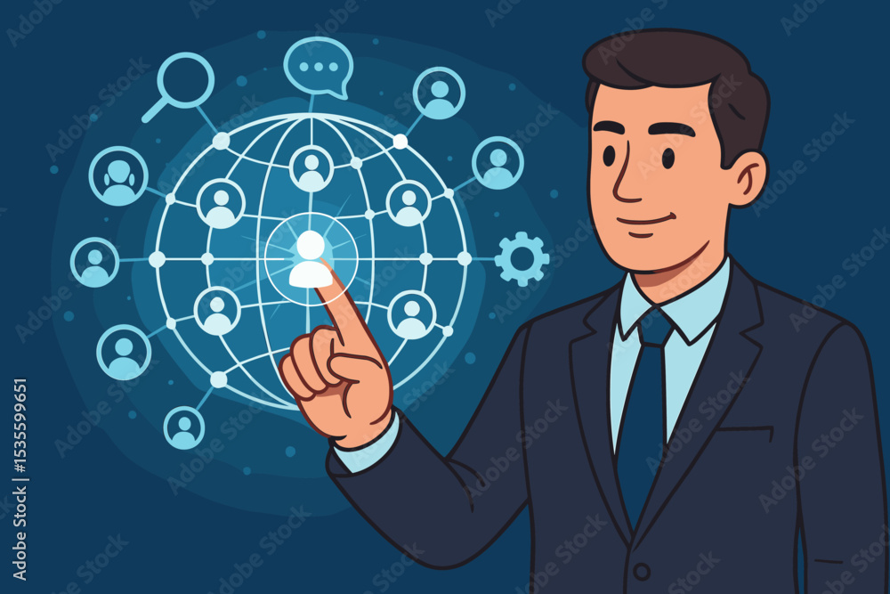Businessman manager interacting with digital global network. HR concept for talent acquisition, recruitment. Executive touching virtual screen to connect with professional community. Businessman manager interacting with digital global network. HR concept for talent acquisition, recruitment. Executive touching virtual screen to connect with professional community.