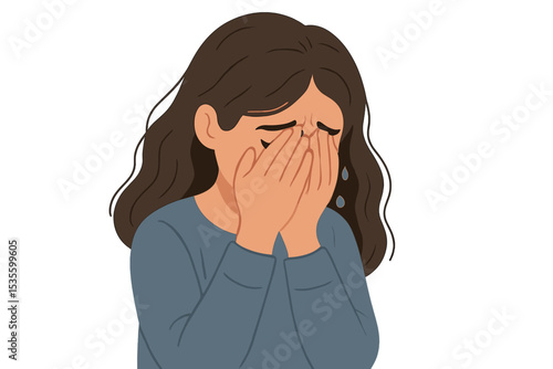 Depressed woman crying, covering her face with hands. Sad person feeling despair, grief, sorrow. Concept of mental health disorder, stress, loneliness, anxiety, abuse victim vector.