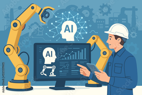 Smart factory and Industry 4.0 concept. Engineer controls robotic arms using AI and tablet. Industrial automation, manufacturing technology, digital production, data analytics vector.