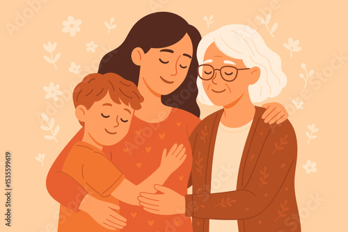 Three generations of a happy family in a warm embrace. Grandmother, mother, and son hugging with love. Concept of family bond, care, support, and togetherness. Matriarch lineage.