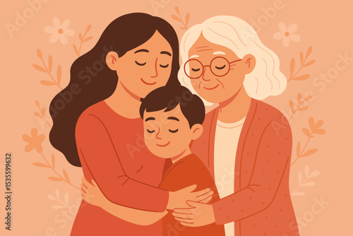 Vector illustration of a generational family embrace. Grandmother, mother, and son hugging. Concept of love, tenderness, family bond, togetherness, and heritage. Happy women.