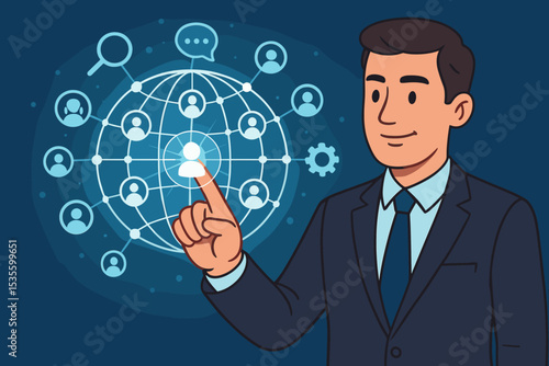Businessman manager interacting with digital global network. HR concept for talent acquisition, recruitment. Executive touching virtual screen to connect with professional community.