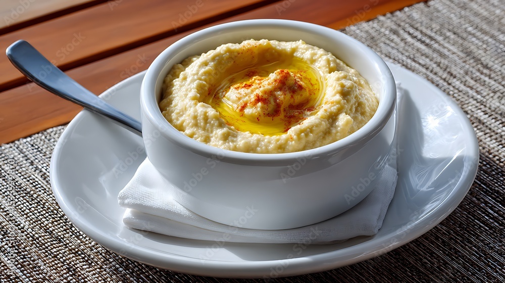 Bowl of creamy hummus garnished with olive oil and paprika, served on a white plate with a spoon Bowl of creamy hummus garnished with olive oil and paprika, served on a white plate with a spoon