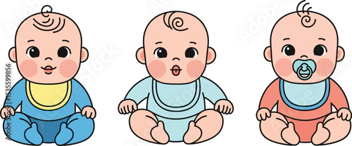 Three cartoon baby illustrations sitting side by side wearing different colored outfits and bibs on white