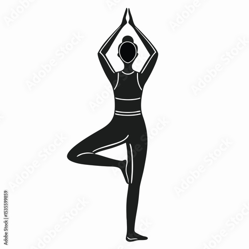 Black Silhouette Woman Performing Tree Yoga Pose Hands Upward Simple Minimalist Design
