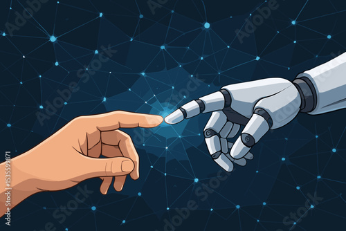 Robot and human hands touching. Artificial intelligence connection. The Creation of Adam metaphor. Concept for future technology, innovation, synergy and machine learning.