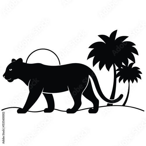 Silhouette of a black panther walking near palm trees in a simple tropical setting
