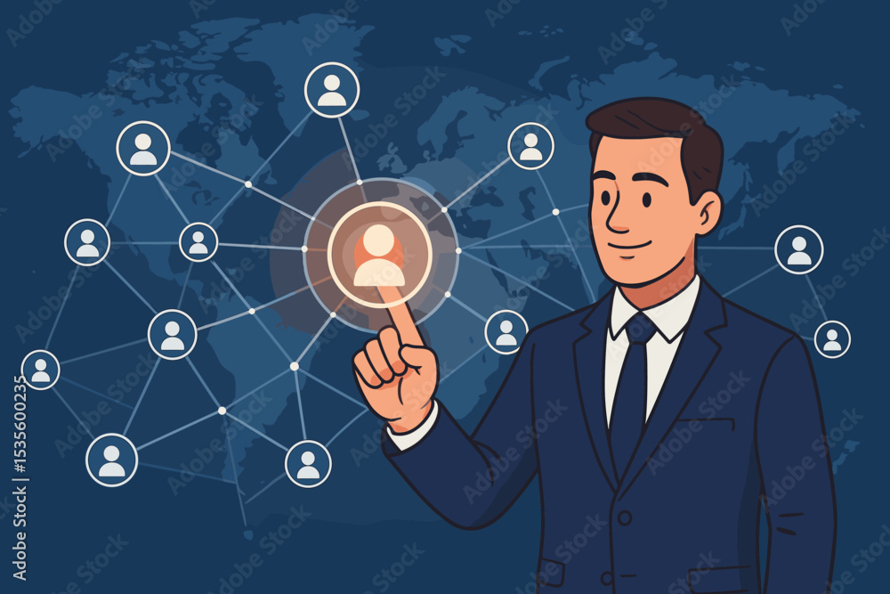 Businessman touching global social network on virtual interface. Concept for human resources, recruitment, leadership, and international business connections. World map background. Businessman touching global social network on virtual interface. Concept for human resources, recruitment, leadership, and international business connections. World map background.