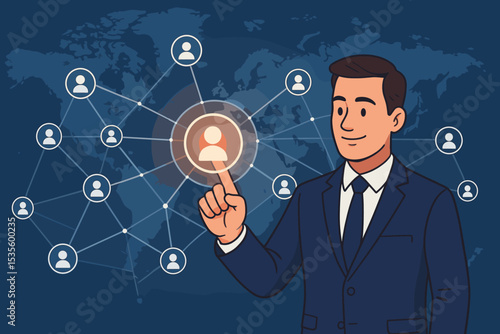 Businessman touching global social network on virtual interface. Concept for human resources, recruitment, leadership, and international business connections. World map background.
