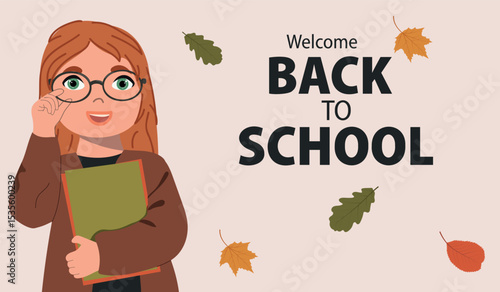 Cute school girl holding books, Back to school banner. Girl in eyeglasses cartoon style vector illustration