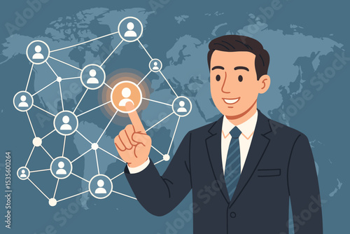 Global business networking concept. Businessman pointing at a social network diagram on a world map background. International communication, human resources, and recruitment.