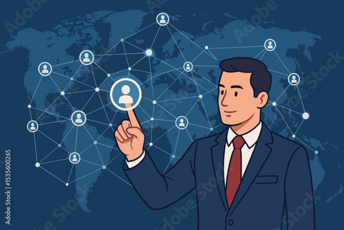 Global business networking concept. Businessman touching a user icon on a virtual interface. Human resources, HR, recruitment, leadership, and team management on world map background.