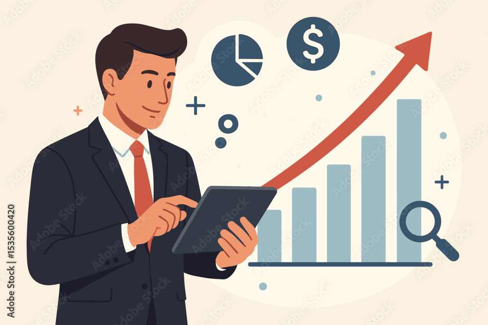 Businessman analyzing sales growth and financial report on tablet. Business success concept with growing graph and chart. Vector illustration of market data analysis and investment. Businessman analyzing sales growth and financial report on tablet. Business success concept with growing graph and chart. Vector illustration of market data analysis and investment.