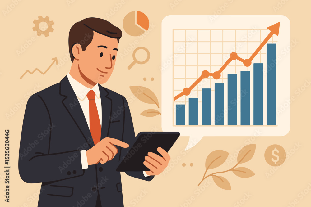 Businessman analyzing sales growth on a tablet. Vector illustration of a financial report with a bar chart and increasing arrow. Business success, investment, and market analysis concept. Businessman analyzing sales growth on a tablet. Vector illustration of a financial report with a bar chart and increasing arrow. Business success, investment, and market analysis concept.