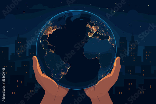Caring hands holding the Earth globe at night. Environmental conservation and global responsibility concept. Earth Hour illustration with planet lights and city skyline background.
