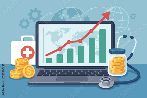 Concept of rising healthcare costs and medical business growth. Laptop with financial graph, stethoscope, money coins. Global health insurance analysis and investment vector concept.