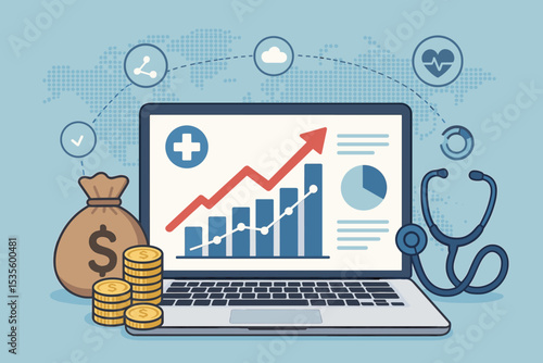 Healthcare business growth concept. Medical industry financial analysis on laptop screen. Investment and profit with money bag and coins. Stethoscope and data chart with arrow up.