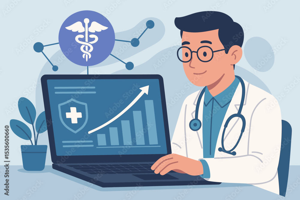 Doctor analyzing healthcare growth data on a laptop computer. Medical business analysis concept with chart and graph. Telemedicine, health insurance, and medicine market success. Doctor analyzing healthcare growth data on a laptop computer. Medical business analysis concept with chart and graph. Telemedicine, health insurance, and medicine market success.