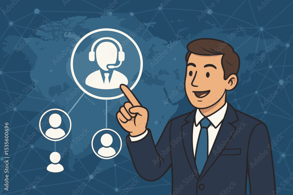 Businessman pointing at customer support icon. CRM strategy concept for global business. Customer relationship management, communication network, and client support vector illustration. Businessman pointing at customer support icon. CRM strategy concept for global business. Customer relationship management, communication network, and client support vector illustration.
