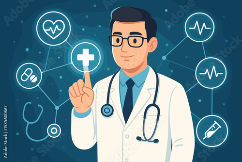 Health tech innovation concept with doctor touching virtual screen. Futuristic medical interface for telemedicine, e-health, and online diagnosis. Digital healthcare technology vector.