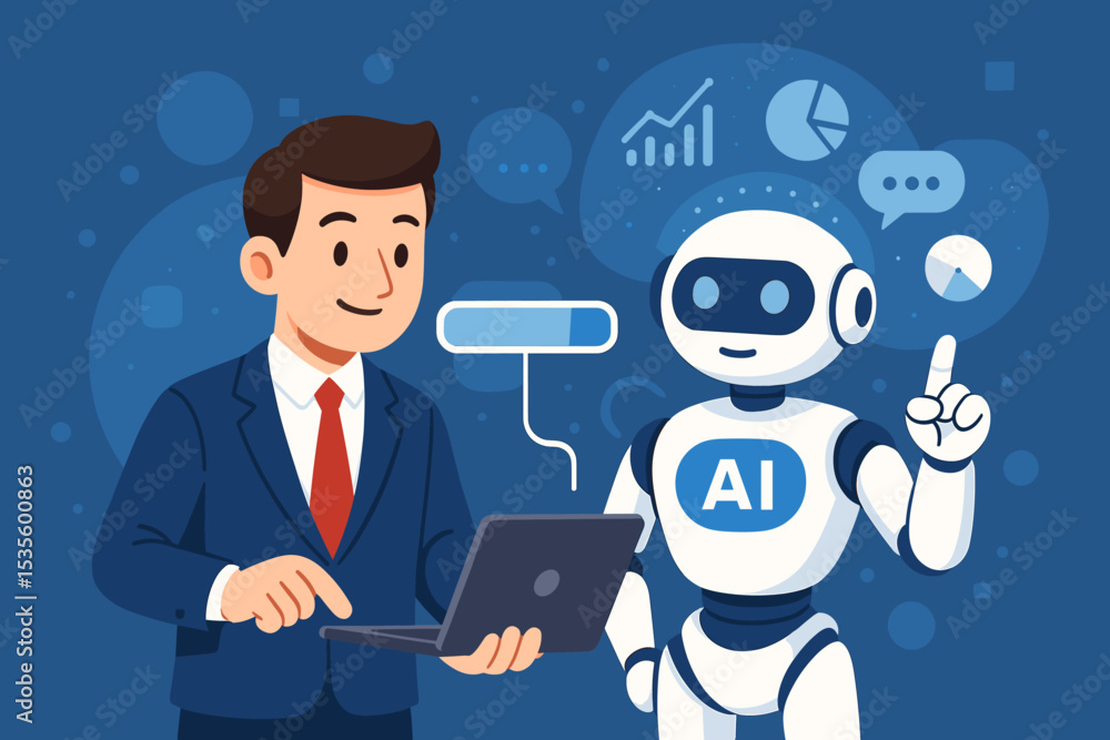AI robot helping a businessman with data analysis on a laptop. Artificial intelligence chatbot providing business solutions, automation, and support. Future technology innovation concept. AI robot helping a businessman with data analysis on a laptop. Artificial intelligence chatbot providing business solutions, automation, and support. Future technology innovation concept.