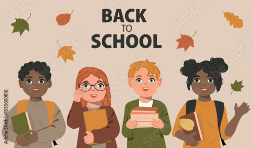 Children with books cartoon portrait vector illustration. Back to school concept. 