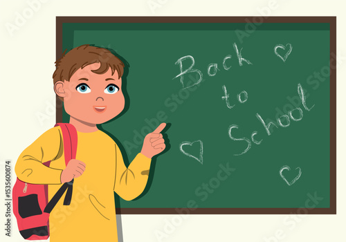 Happy cute school boy pointing with finger at blackboard. Back to school concept. Cute vector illustration in flat cartoon style