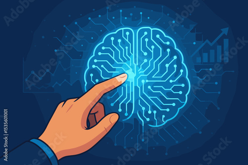 Artificial intelligence concept. Hand touching a digital brain circuit. AI & machine learning technology for business data analysis, growth strategy, innovation & future solutions.