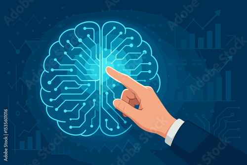 Artificial intelligence concept. Businessman hand touching digital brain circuit. AI and machine learning, neural network, future technology innovation. Data analysis and mind concept.