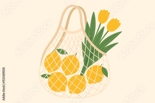String mesh bag with fresh lemons and yellow tulips bouquet. Reusable grocery tote for eco-friendly shopping. Zero waste lifestyle concept. Vector flat illustration.