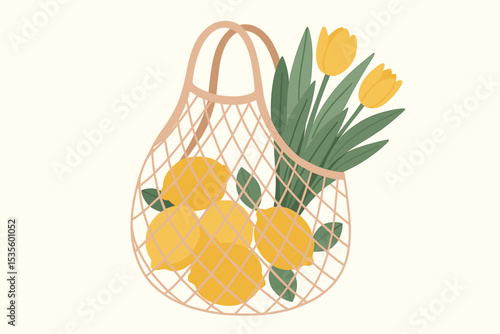 Eco-friendly reusable string mesh bag with fresh lemons and yellow tulips bouquet. Zero waste, sustainable shopping concept. Vector illustration for spring, summer, market.
