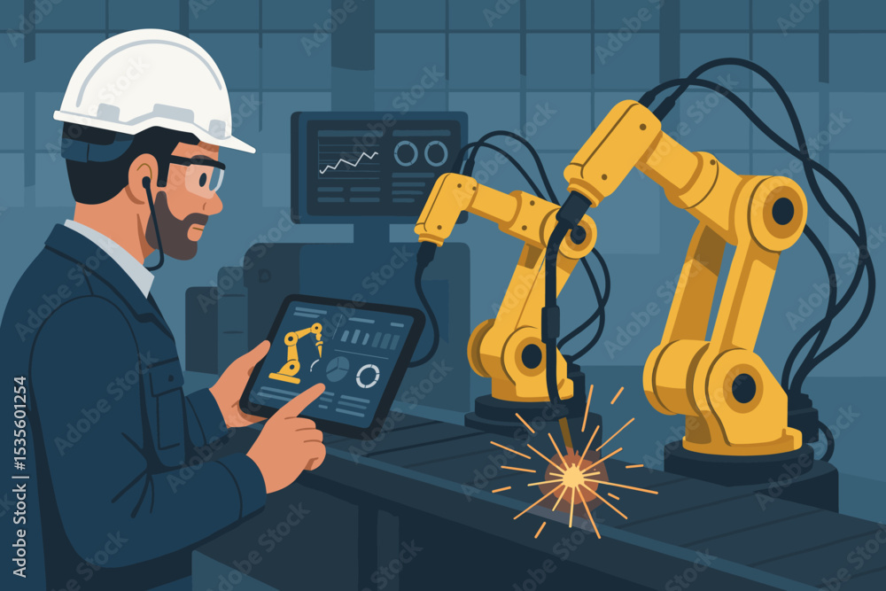 Fototapeta premium Engineer supervising robotic welding arms on a factory production line with a tablet. Smart manufacturing, automation, and Industry 4.0 technology concept. Modern industry.