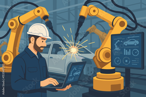 Engineer supervising robotic arm welding car on automotive assembly line. Smart factory concept with automation and industrial technology. Industry 4.0 manufacturing process control.