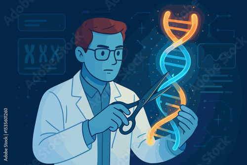 Scientist with scissors cuts DNA helix. Concept for gene editing, genetic engineering, biotechnology, CRISPR. Medical research and gene therapy futuristic illustration. Science.
