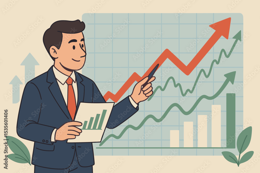 Businessman presenting financial growth on a chart with an upward arrow. Financial analyst showing a report with statistics. Stock market investment success and profit concept. Vector. Businessman presenting financial growth on a chart with an upward arrow. Financial analyst showing a report with statistics. Stock market investment success and profit concept. Vector.