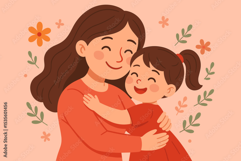 A loving mother tenderly hugging her happy daughter. Cute cartoon vector illustration for Mother's Day. Concept of family love, motherhood, care, affection, and childhood.