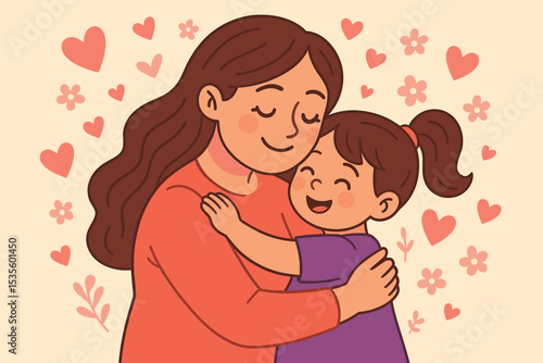 Happy Mother's Day vector illustration. Loving mother hugging her smiling daughter. Cute family cartoon showing parental care, affection, and a strong bond between mom and child.