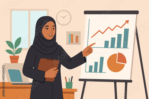 Saudi businesswoman presenting financial growth chart. Arab female professional in hijab giving a report in office. Concept of success, data analysis, and corporate meeting.