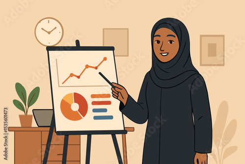 Saudi business woman in hijab presents financial report. Arab female speaker points at growth graph and pie chart on flipchart. Corporate meeting, data analysis, success concept.