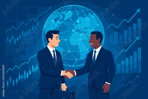 Global business partnership concept. Diverse businessmen shaking hands for an international finance deal. Stock market growth background with globe and charts. Corporate success.