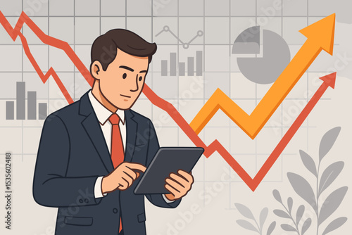 Businessman analyzing financial data on tablet. Stock market rebound and economic recovery concept. Chart shows growth, upturn and success after crisis. Investment strategy vector.