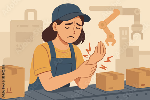 Workplace injury concept. Female factory worker suffering from wrist pain. Repetitive strain injury from manual labor on a production line. Carpal tunnel syndrome, health issue.