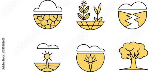 Drought Icon Set Illustrating Various Drought Conditions, World Day to Combat Desertification & Drought  Icons