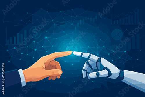 Human and Robot Hand Touching Connection. Artificial Intelligence Partnership. Digital Transformation. Technology Collaboration. Fintech Innovation. Future Business Intelligence Network