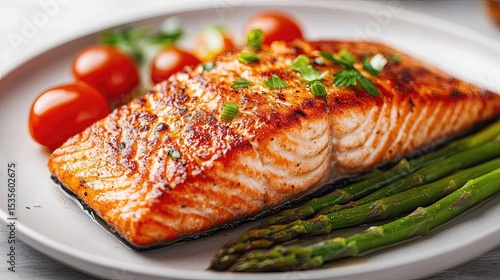 Grilled salmon fillet with asparagus and cherry tomatoes on a white plate